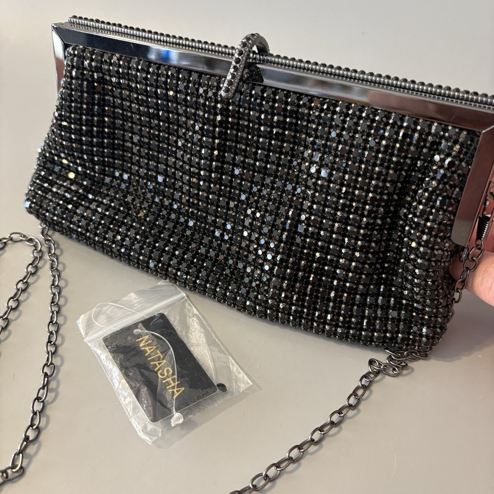 NEW Natasha Crystal Evening Purse Clutch Black Convertible Prong Set Stones